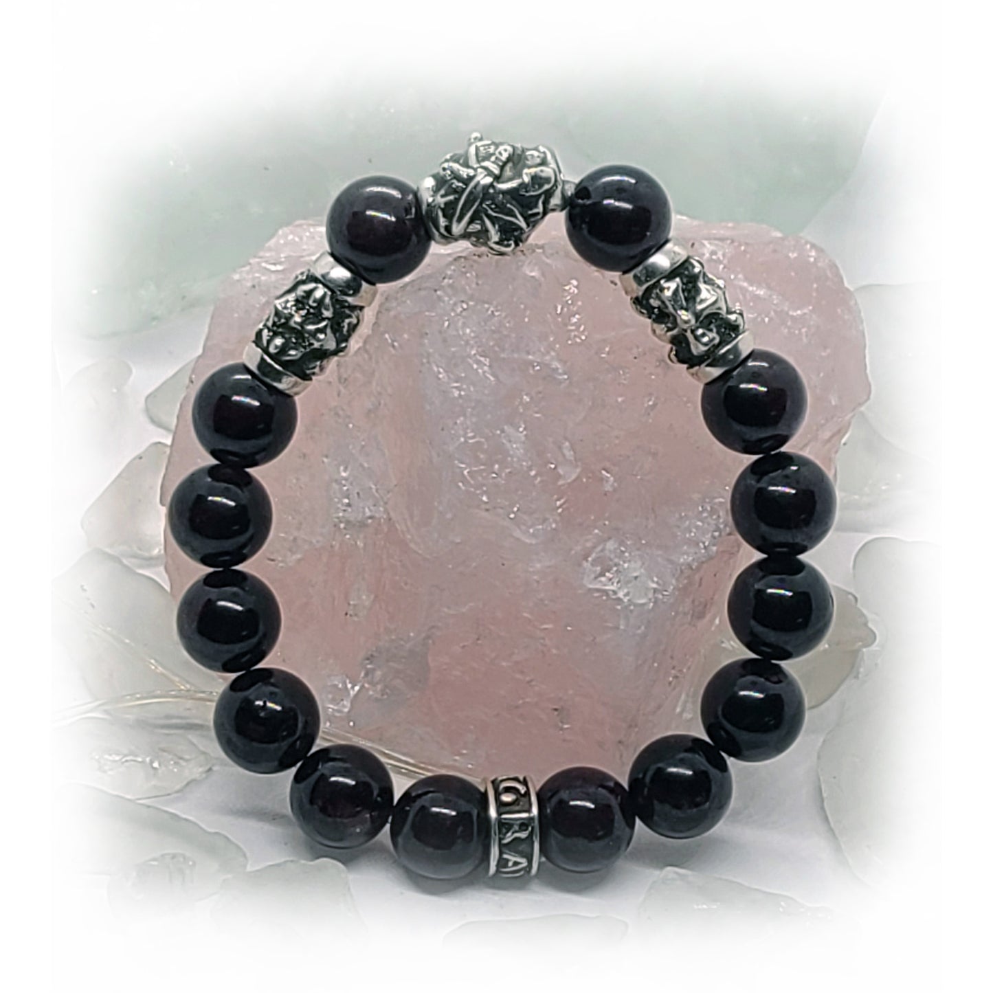 Hay Dashnaktsutyun Emblem and Two Crosses Silver Beads with Garnet stone Beads Bracelet