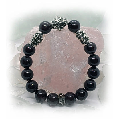Hay Dashnaktsutyun Emblem and Two Crosses Silver Beads with Garnet stone Beads Bracelet