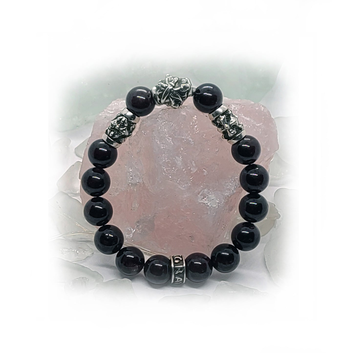 Hay Dashnaktsutyun Emblem and Two Crosses Silver Beads with Garnet stone Beads Bracelet