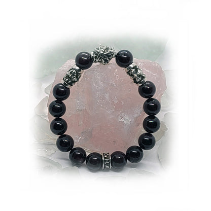 Hay Dashnaktsutyun Emblem and Two Crosses Silver Beads with Garnet stone Beads Bracelet