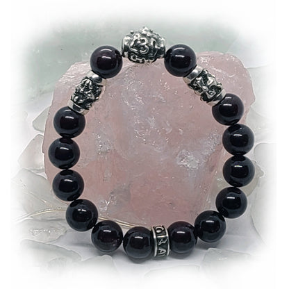 Hay Dashnaktsutyun Emblem and Two Crosses Silver Beads with Garnet stone Beads Bracelet