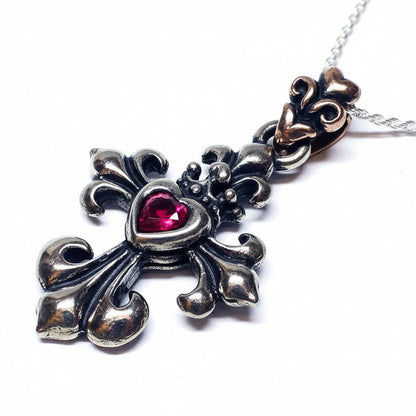 Heart Shape Red Stone in Cross Sterling Silver Pendant