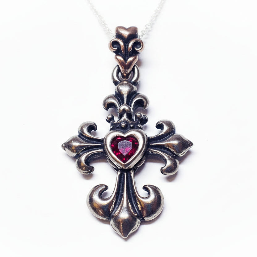 Heart Shape Red Stone in Cross Sterling Silver Pendant