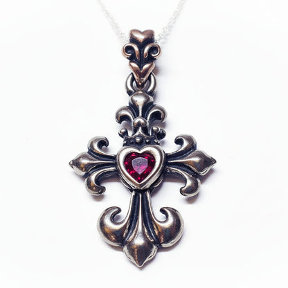 Heart Shape Red Stone in Cross Sterling Silver Pendant