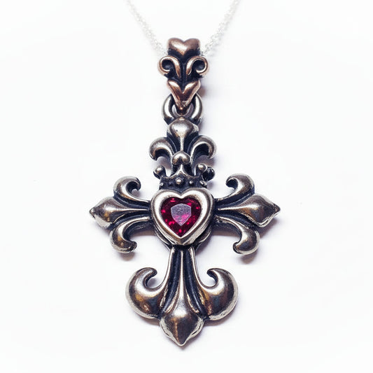 Heart Shape Red Stone in Cross Sterling Silver Pendant