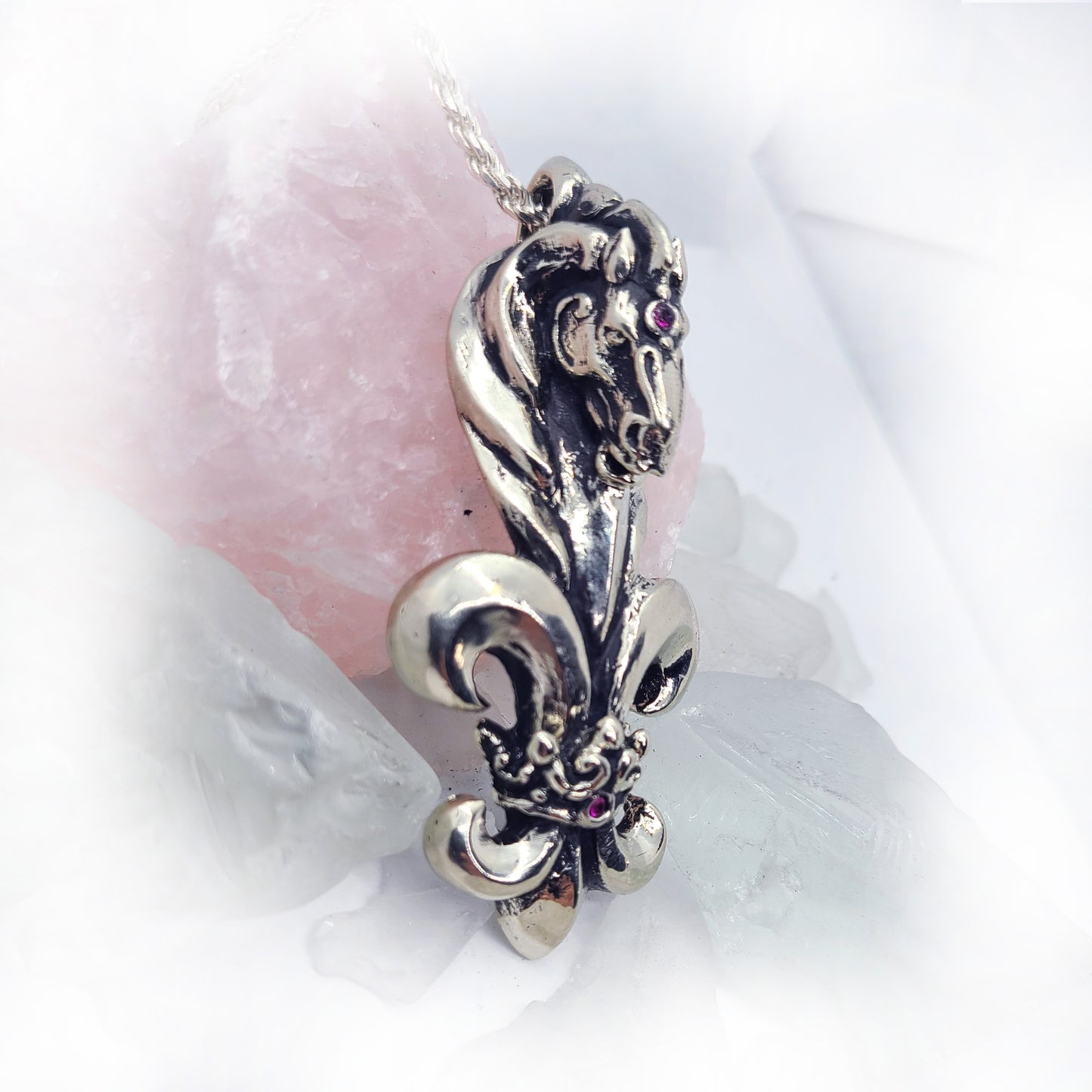 Black Stallion Fleur-de-lis Horse with Crown and Rubies Sterling Silver Pendant