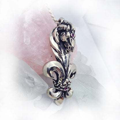 Black Stallion Fleur-de-lis Horse with Crown and Rubies Sterling Silver Pendant