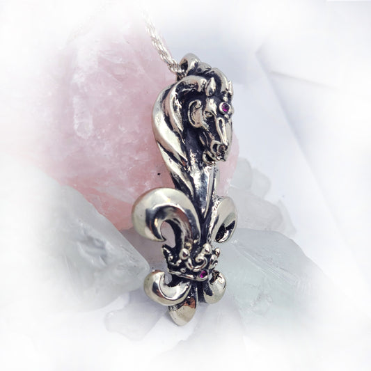 Black Stallion Fleur-de-lis Horse with Crown and Rubies Sterling Silver Pendant