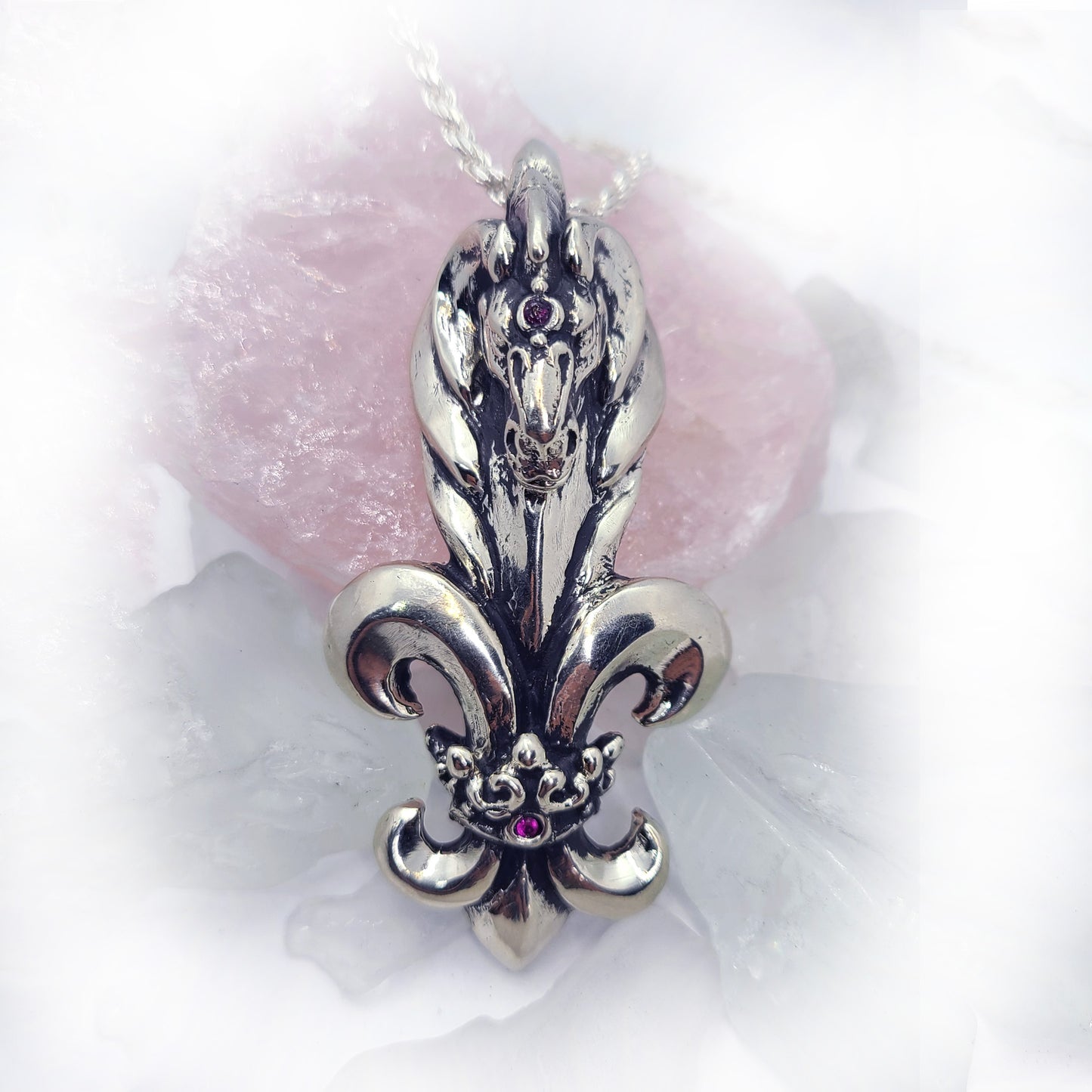 Black Stallion Fleur-de-lis Horse with Crown and Rubies Sterling Silver Pendant