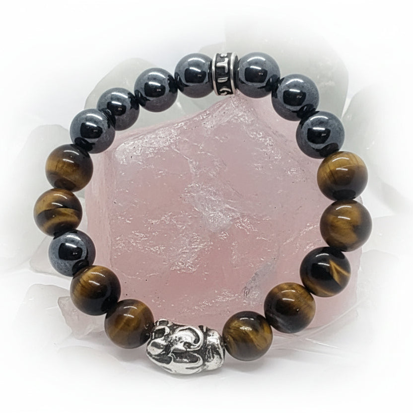 Jaguar Silver Bead with Tiger Eye and Hematite Stone Beads Bracelet