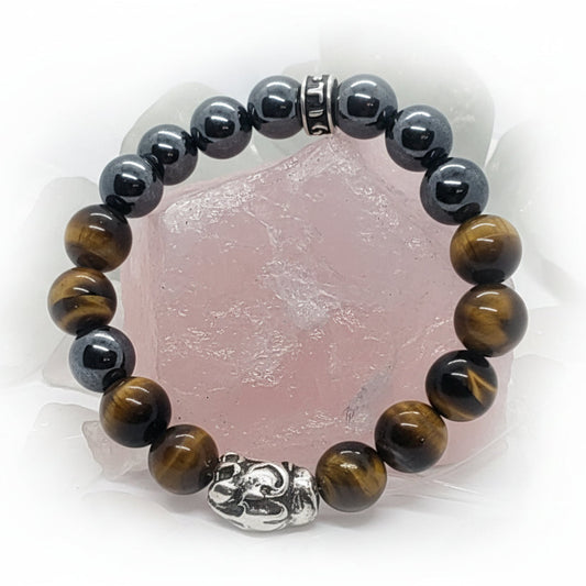 Jaguar Silver Bead with Tiger Eye and Hematite Stone Beads Bracelet