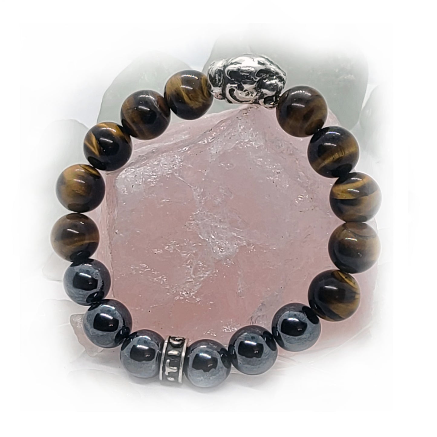 Jaguar Silver Bead with Tiger Eye and Hematite Stone Beads Bracelet