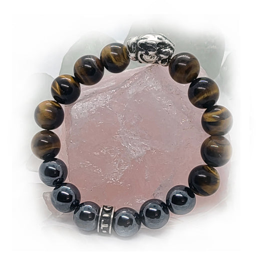 Jaguar Silver Bead with Tiger Eye and Hematite Stone Beads Bracelet