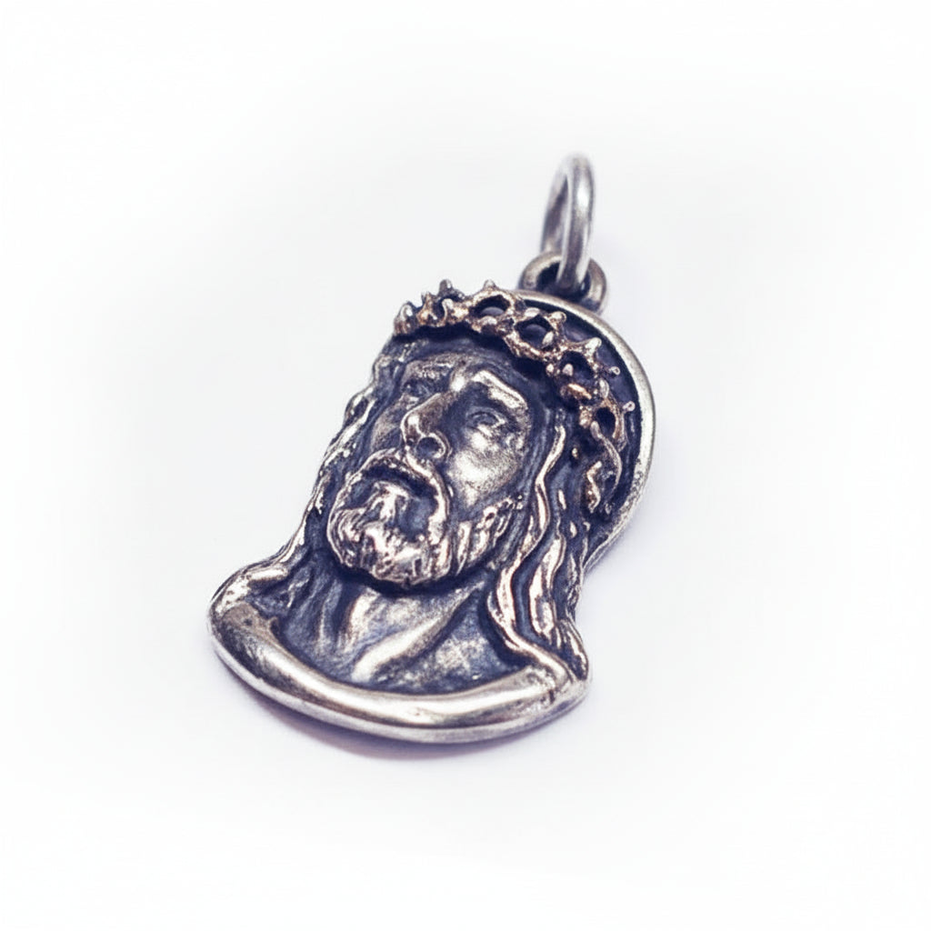 Jesus Christ Silver Pendant with Bronze Crown of Thorns