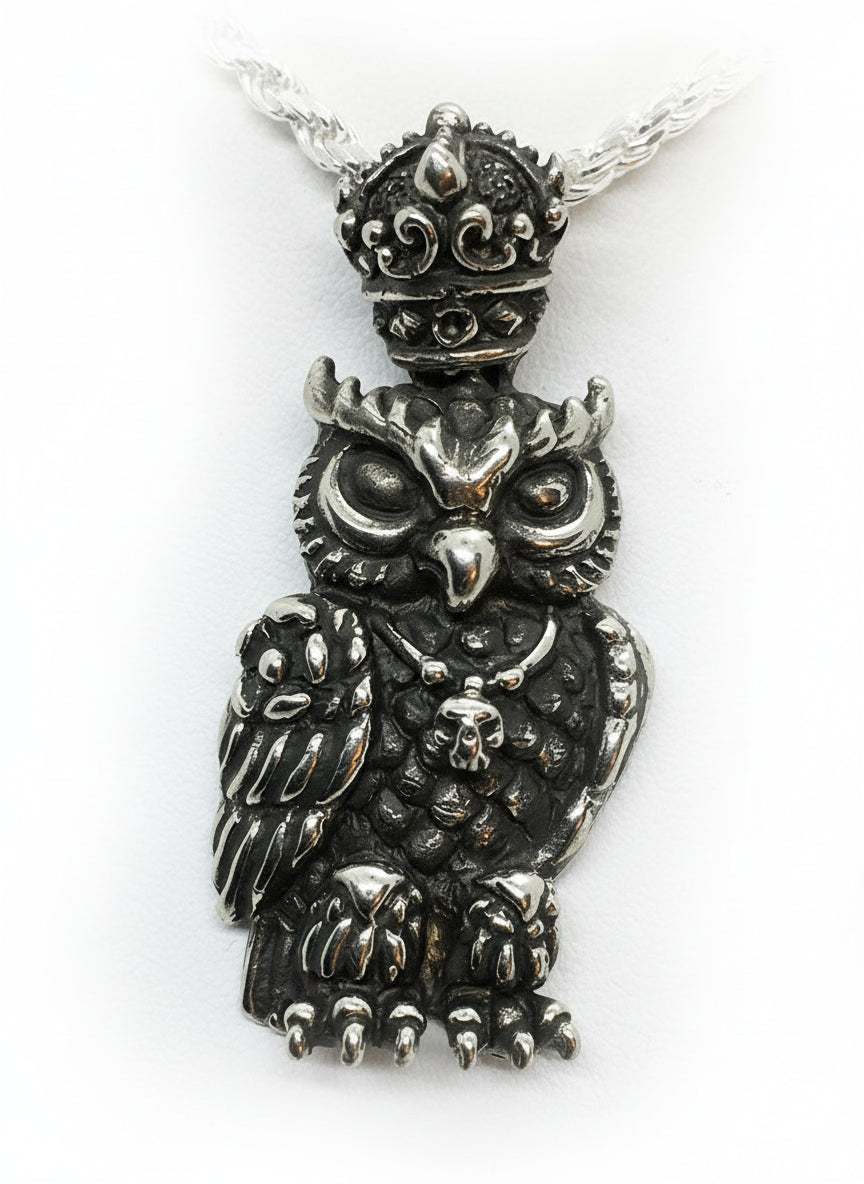 Wise King Owl Sterling Silver Pendant