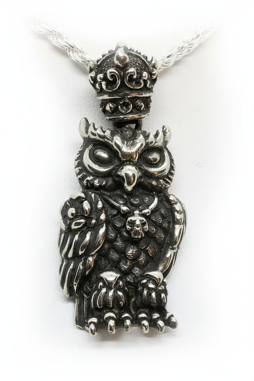 Wise King Owl Sterling Silver Pendant