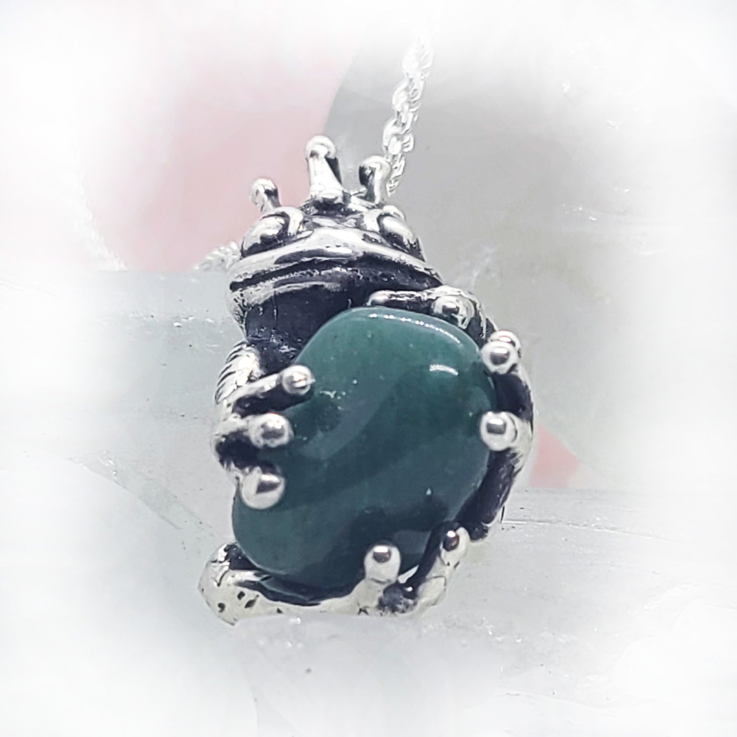 King Frog Sterling Silver Pendant With Natural Green Stone
