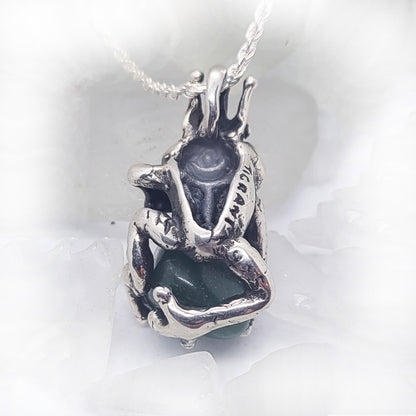 King Frog Sterling Silver Pendant With Natural Green Stone