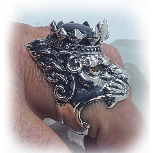 Big Lion with Crown and Citrine Eyes Sterling Silver Ring with Onyx and Ruby