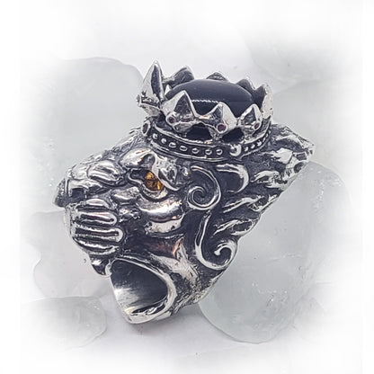 Big Lion with Crown and Citrine Eyes Sterling Silver Ring with Onyx and Ruby