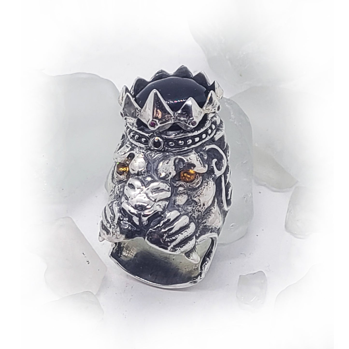 Big Lion with Crown and Citrine Eyes Sterling Silver Ring with Onyx and Ruby