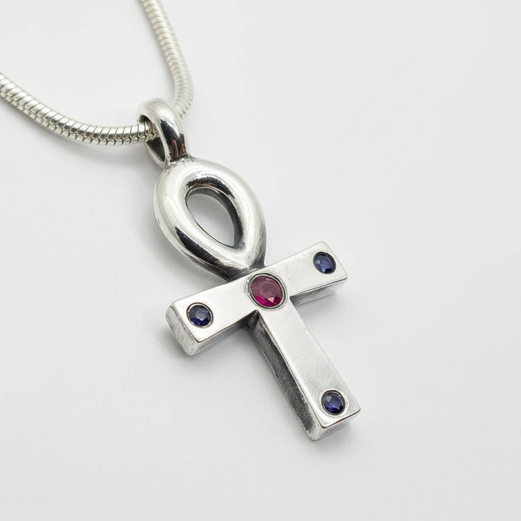 Life Symbol With Ruby Sapphire Sterling Silver Pendant