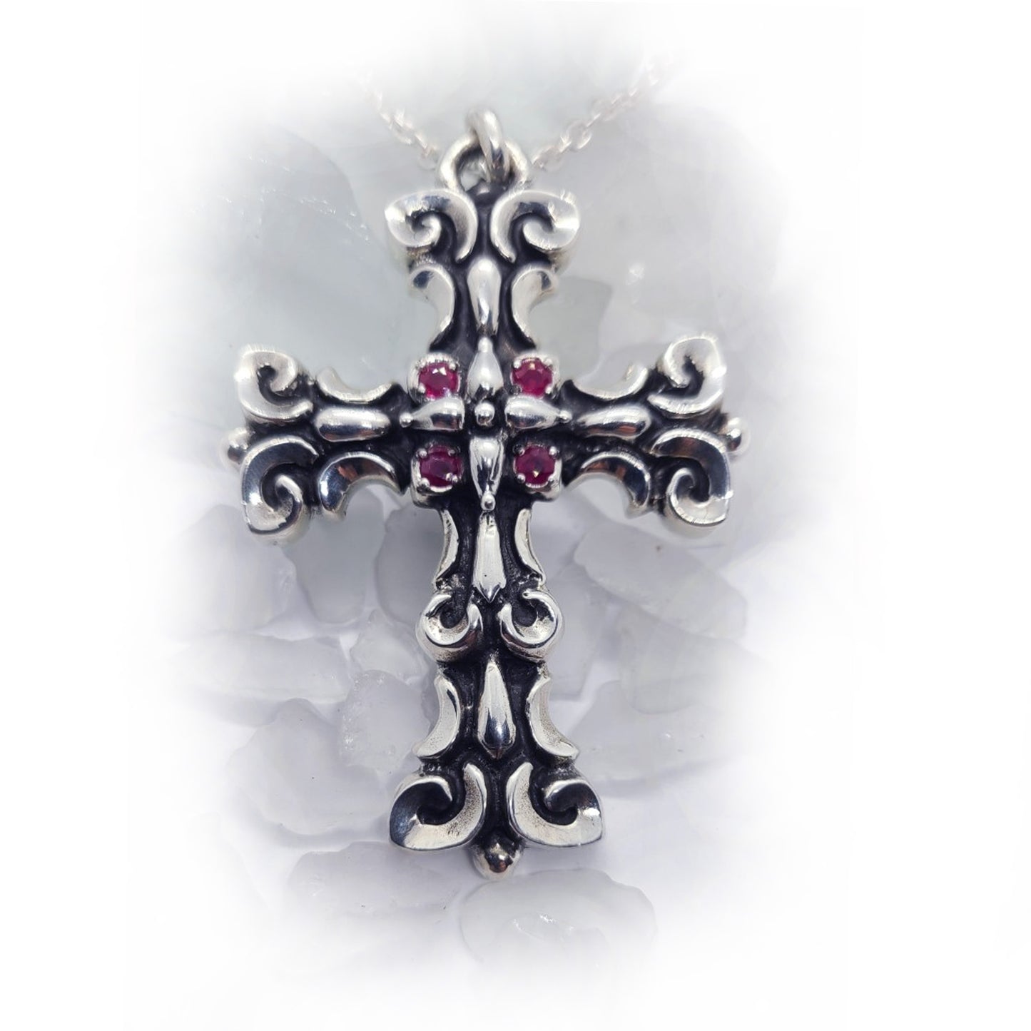 LiLi-Cross Silver Cross with Ruby Stones Sterling Silver Pendant