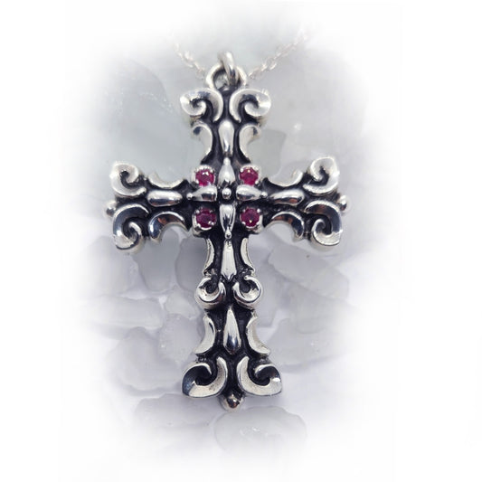LiLi-Cross Silver Cross with Ruby Stones Sterling Silver Pendant