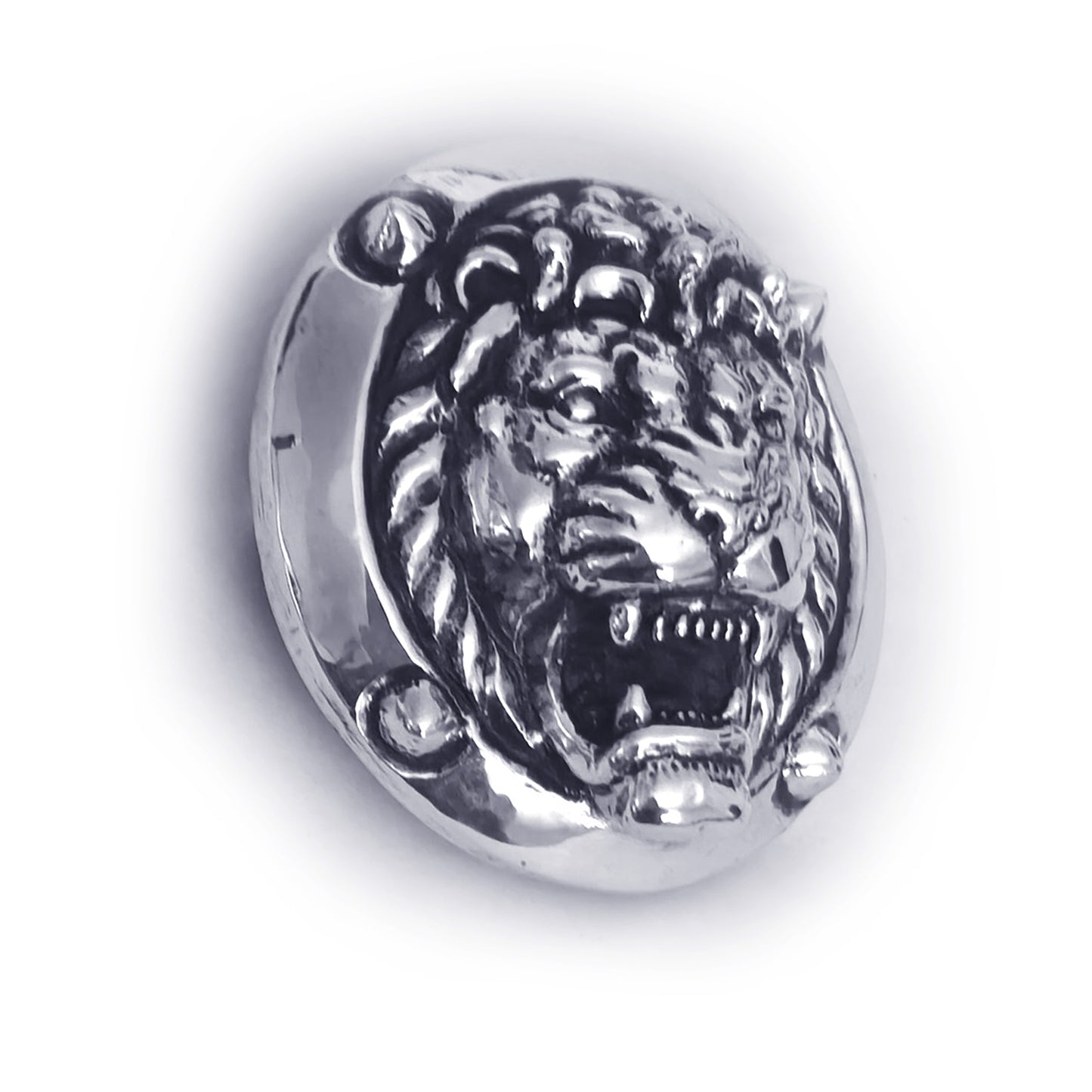 Lion Attacking Head Sterling Silver Round Belt Buckle