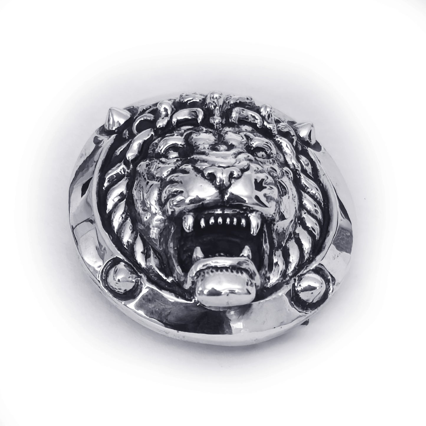 Lion Attacking Head Sterling Silver Round Belt Buckle
