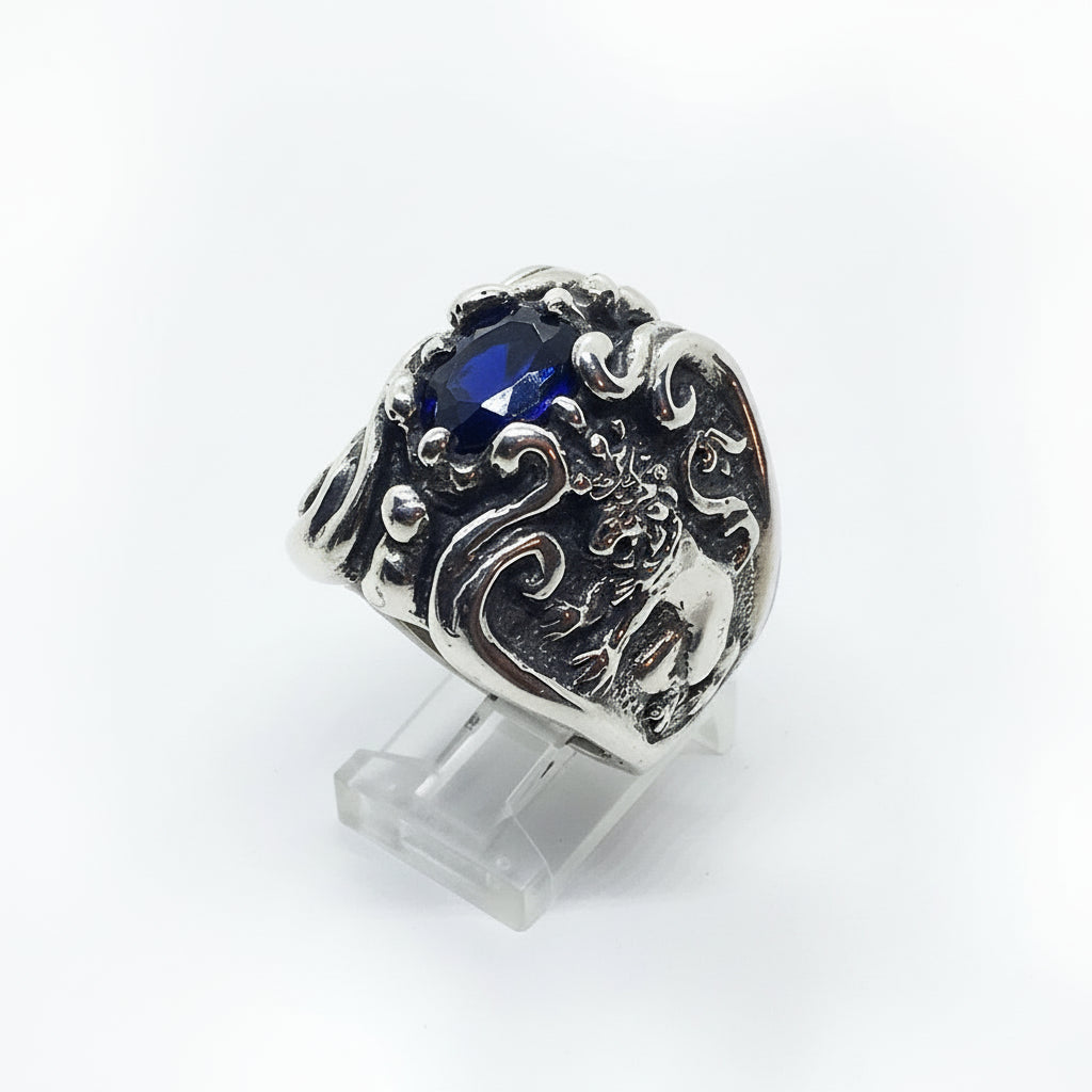 Lion and Eagle Sterling Silver Ring with Blue CZ Stone.