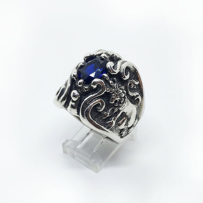 Lion and Eagle Sterling Silver Ring with Blue CZ Stone.