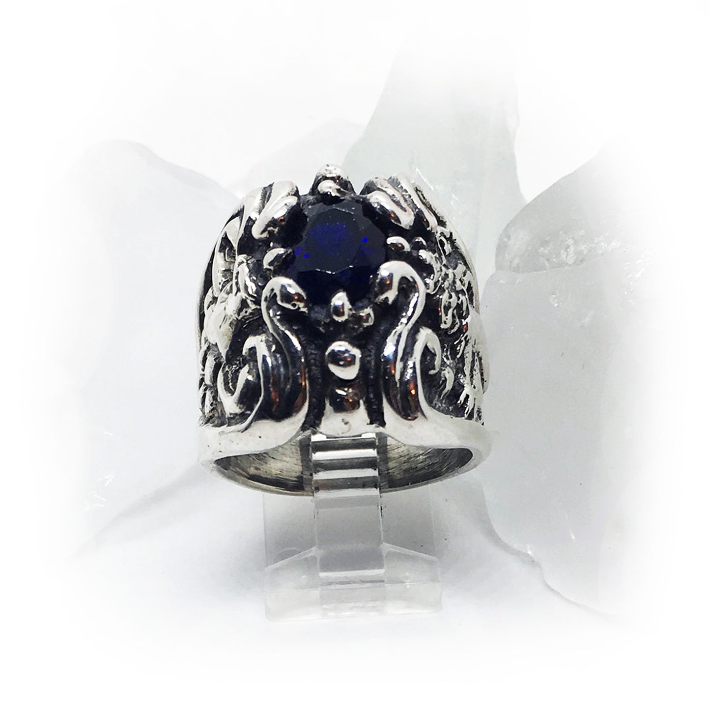 Lion and Eagle Sterling Silver Ring with Blue CZ Stone.
