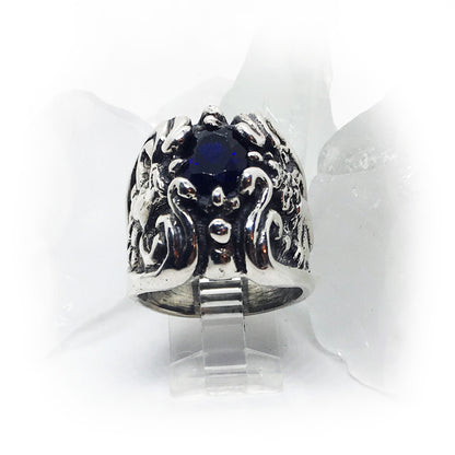 Lion and Eagle Sterling Silver Ring with Blue CZ Stone.