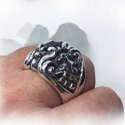 Lion and Eagle Sterling Silver Ring with Blue CZ Stone.
