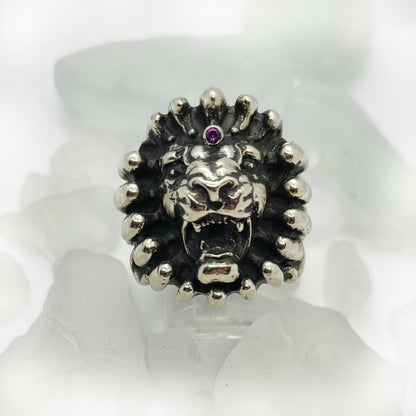 Lion Fire Sterling Silver Ring with Ruby Stone