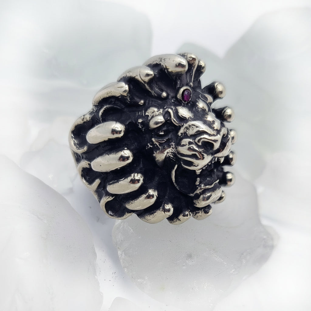 Lion Fire Sterling Silver Ring with Ruby Stone