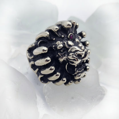 Lion Fire Sterling Silver Ring with Ruby Stone