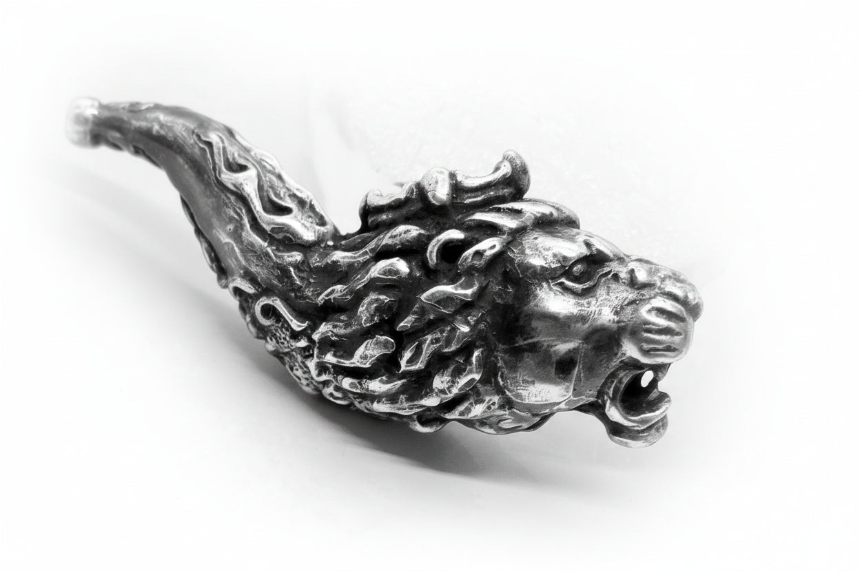 Lion Head Sterling Silver Tobacco Smoking Pipe, Unique Smoker Gift
