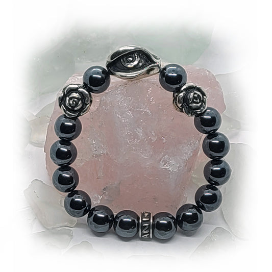 Loving Eye and Romantic Roses Silver Beads and Hematite Stone Beads Bracelet