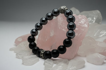 Marijuana Silver Bead with Hematite and Black Onyx Beads Bracelet