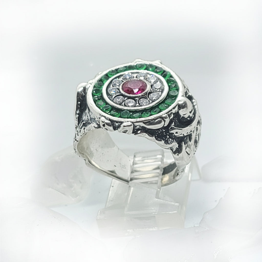 Mexican Oval Silver Ring with Flag Color CZ Stones