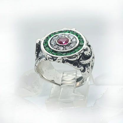 Mexican Oval Silver Ring with Flag Color CZ Stones