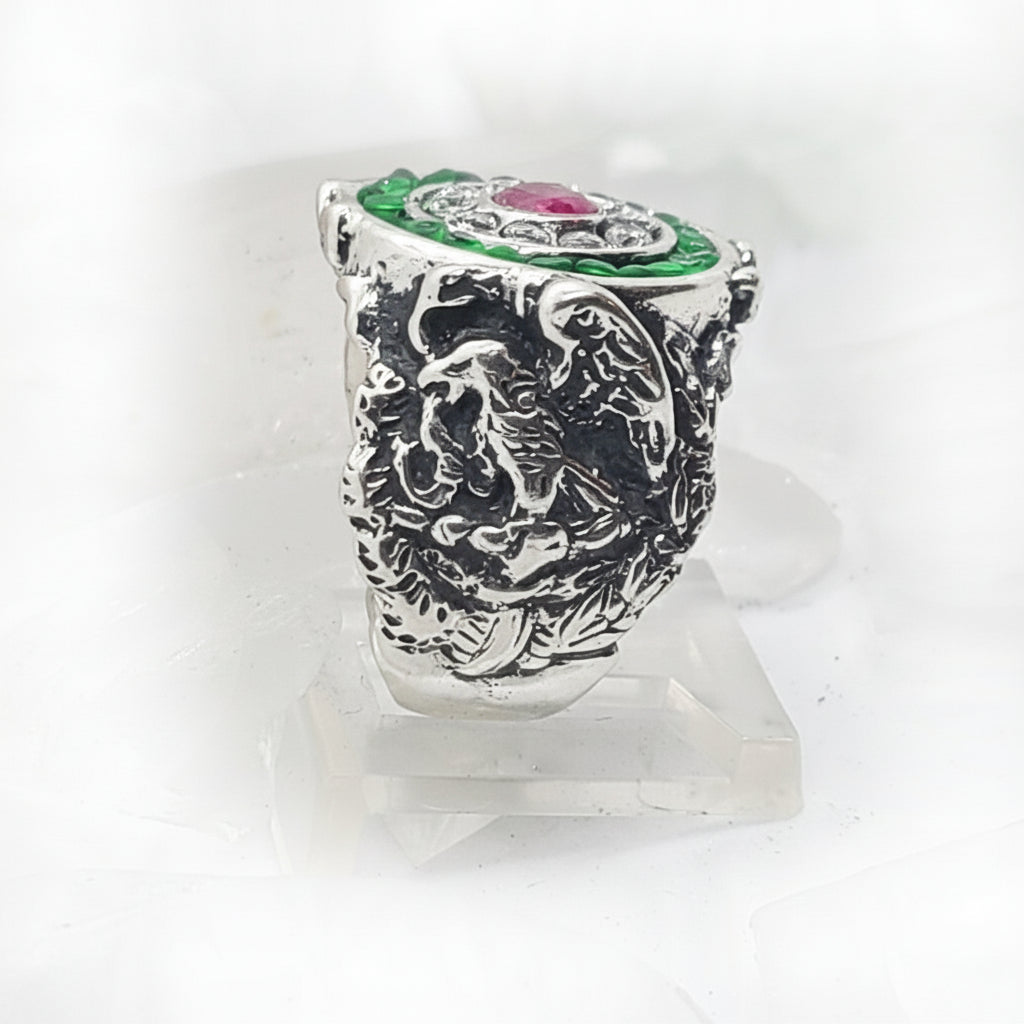 Mexican Oval Silver Ring with Flag Color CZ Stones