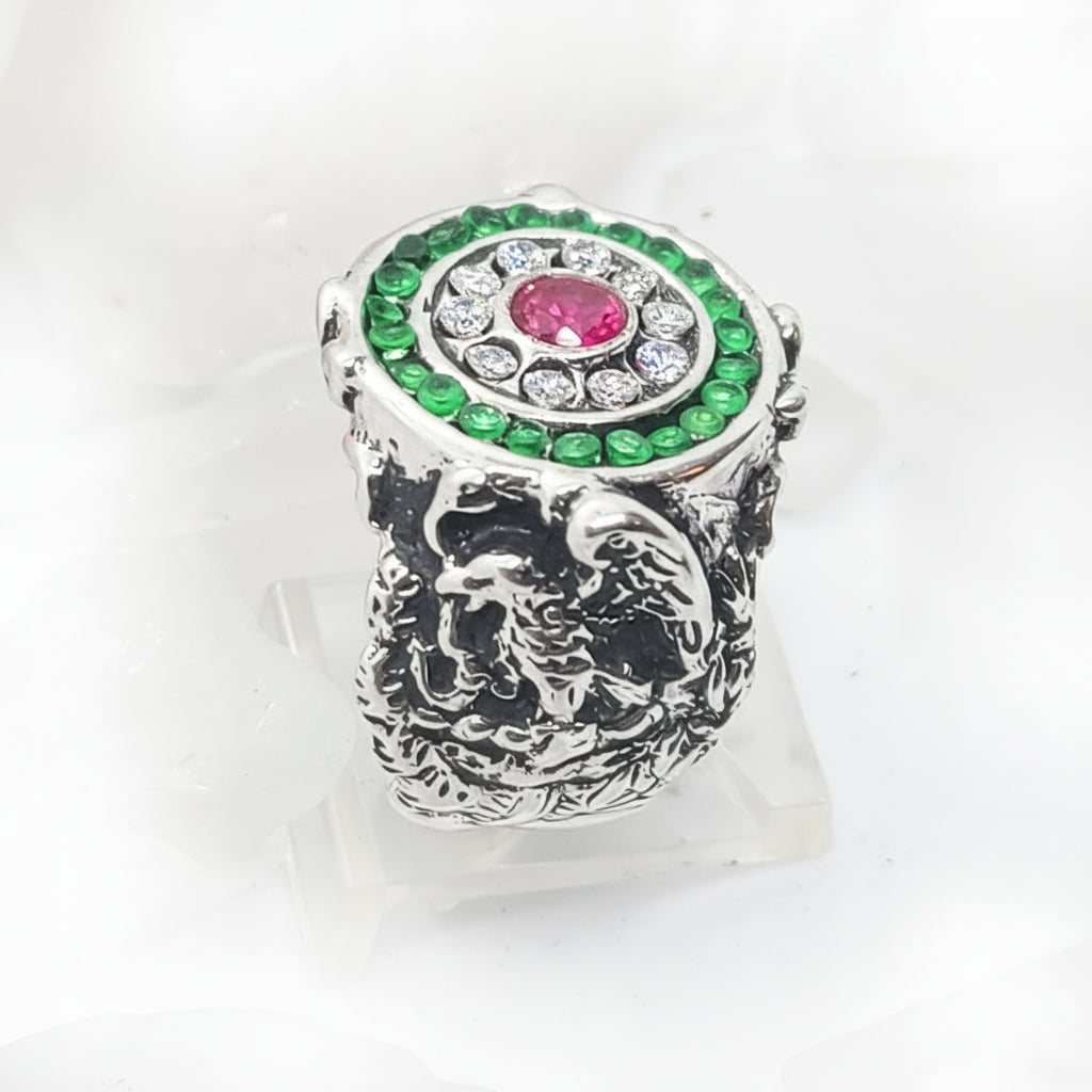 Mexican Oval Silver Ring with Flag Color CZ Stones