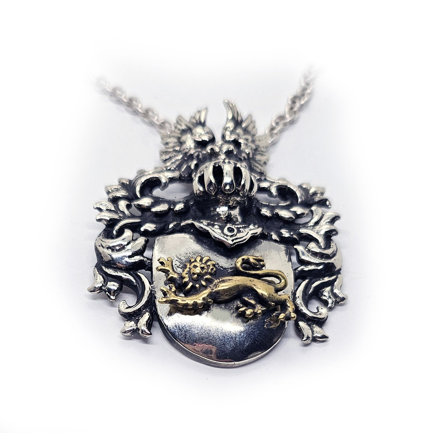 Middle Age Heraldry with Bronze Lion Sterling Silver Necklace