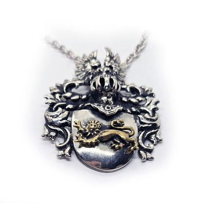 Middle Age Heraldry with Bronze Lion Sterling Silver Necklace