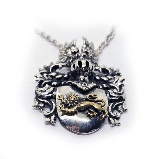 Middle Age Heraldry with Bronze Lion Sterling Silver Necklace