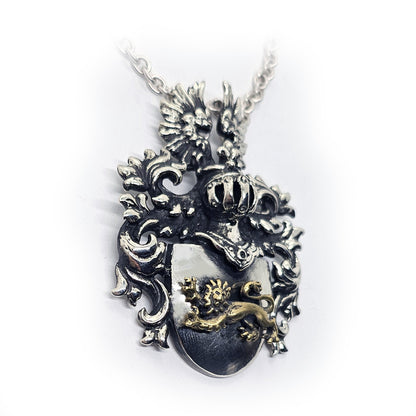 Middle Age Heraldry with Bronze Lion Sterling Silver Necklace