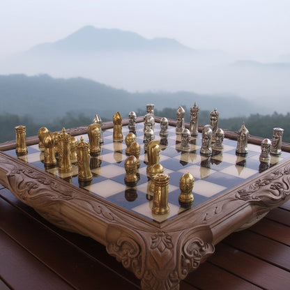 Old English Faces Sterling Silver & Bronze Chess Set 1